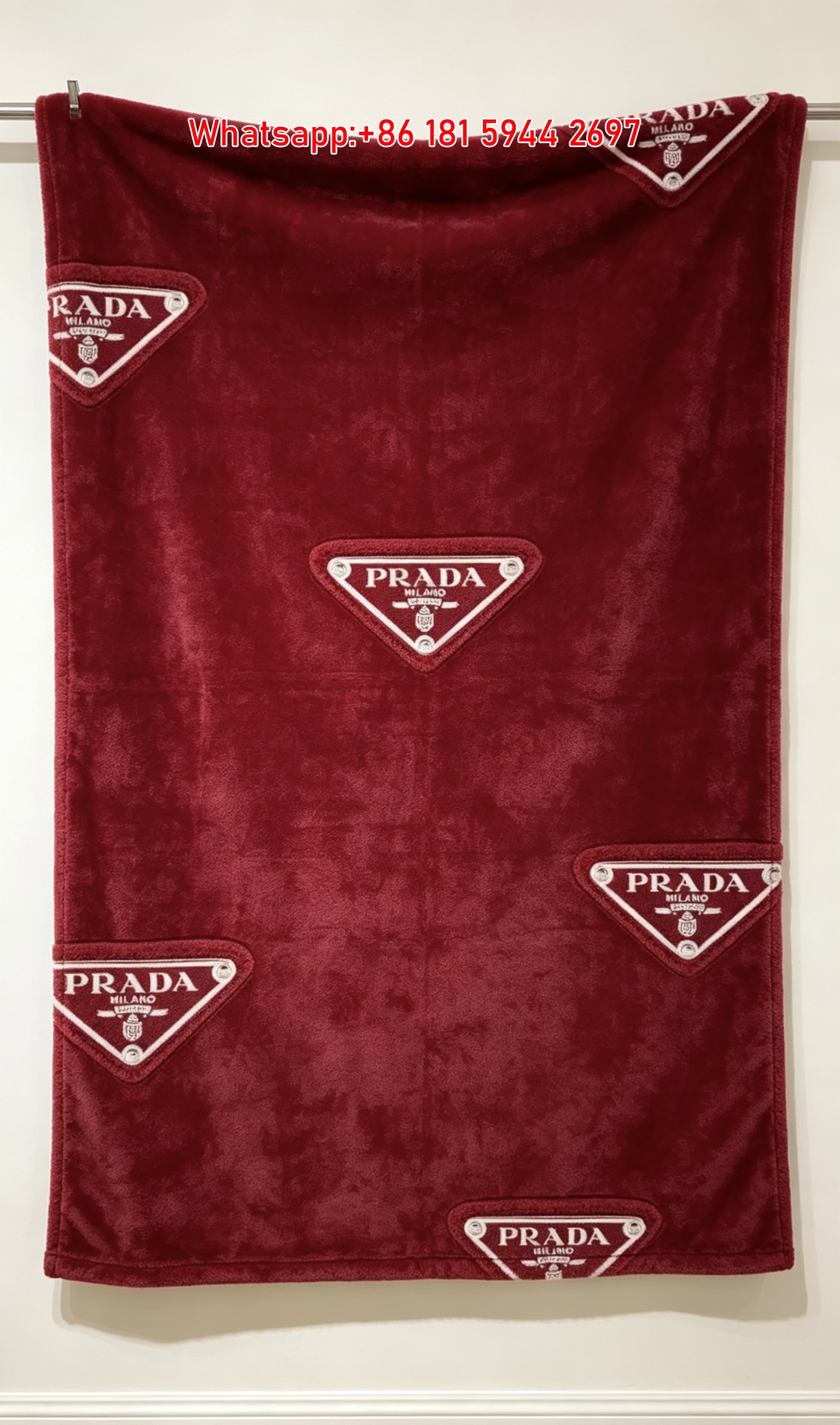 Prada Bright Red All Over Logo Print Flannel Throw Blanket IMG_2780